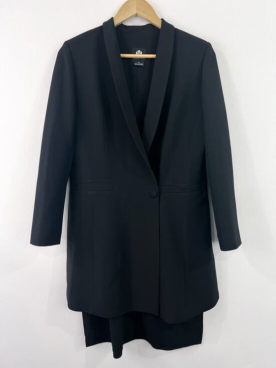 Vintage Jackets & Blazers - Vintage Women Black Blazer Trench Coat Medium Valenciani Single Button Side Slit
